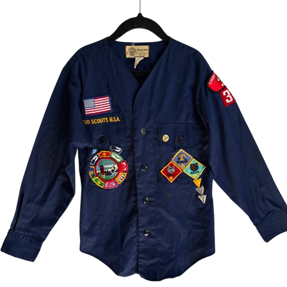 Vintage Boy Scouts of America Cub Scouts BSA Shirt Navy Blue Size 12 Patches